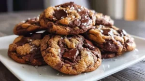 Cookies moelleux dorés et fondants avec pépites de chocolat, empilés sur une assiette, lumière naturelle.