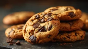 Cookies moelleux aux pépites de chocolat, dorés, avec bords croustillants, sur une plaque de cuisson.