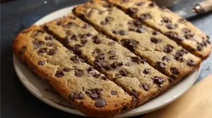 Cookie géant aux pépites de chocolat, doré et moelleux, servi en parts sur une planche noire