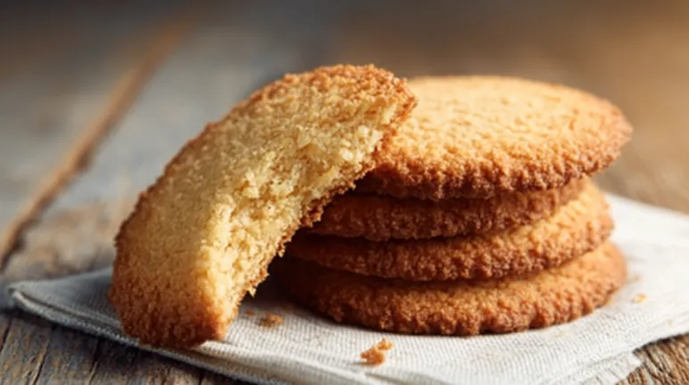 Sablés dorés sans beurre, un biscuit croqué au premier plan sur fond bois et tissu blanc