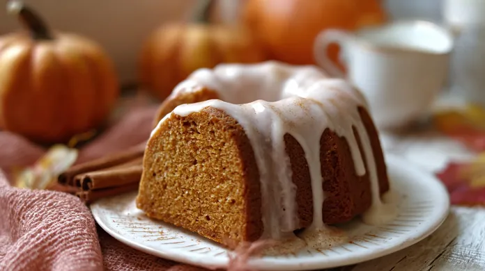Cake au potimarron glacé au yaourt, moelleux et doré, servi en tranches sur une table automnale