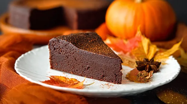 Part de gâteau chocolat et citrouille fondant, servie sur une assiette blanche avec fond automnal