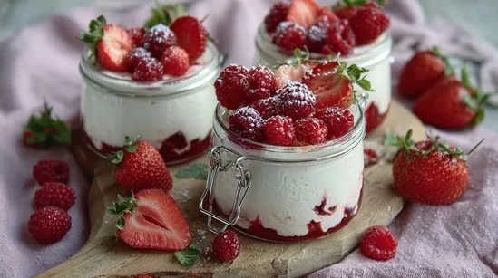 Mousse légère au fromage blanc dans des verrines, garnie de fraises et framboises fraîches sur planche en bois.