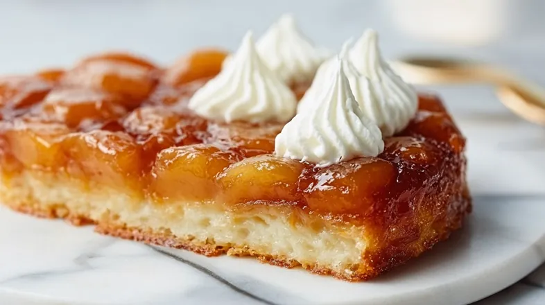 Tranche de tarte presque Tatin avec pommes caramélisées brillantes et crème pochée