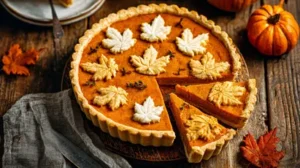 Tarte à la citrouille aux bords décorés, tranches coupées et décorations en pâte en forme de feuilles