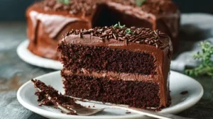 Part de gâteau au chocolat moelleux avec ganache brillante et vermicelles, servie sur une assiette blanche.