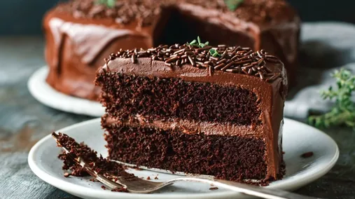 Part de gâteau au chocolat moelleux avec ganache brillante et vermicelles, servie sur une assiette blanche.