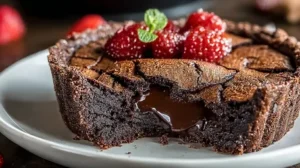 Tarte au chocolat avec cœur fondant et croûte craquelée, servie sur une assiette blanche.
