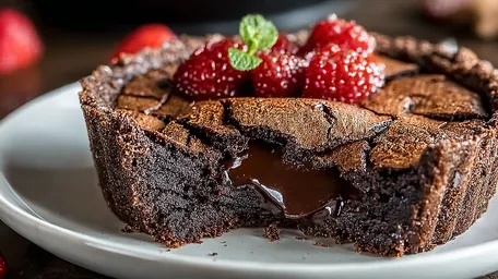 Tarte au chocolat avec cœur fondant et croûte craquelée, servie sur une assiette blanche.