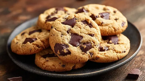 Assiette de cookies maison dorés, riches en pépites de chocolat, sur fond en bois rustique.