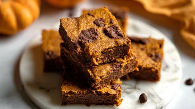 Carré de brownie moelleux à la citrouille et chocolat, texture fondante, vue de dessus sur fond marbré.