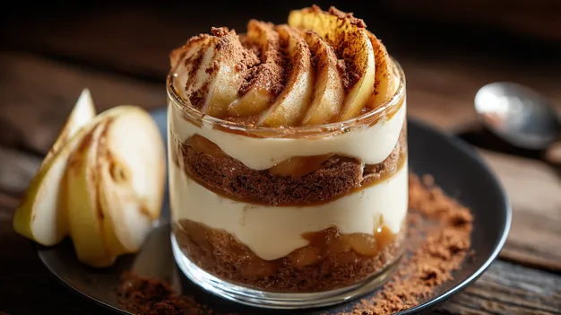 Verrine de tiramisu aux pommes fondantes et caramel beurre salé, décorée de lamelles de pomme et spéculoos émiettés.