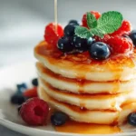 Stack of fluffy gluten-free pancakes with berries and syrup