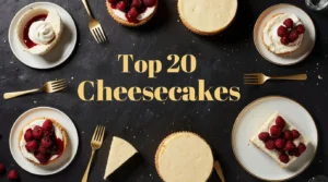 Flat lay of various cheesecakes on dark background with golden forks and the text “Top 20 Cheesecakes”, elegant food photography.