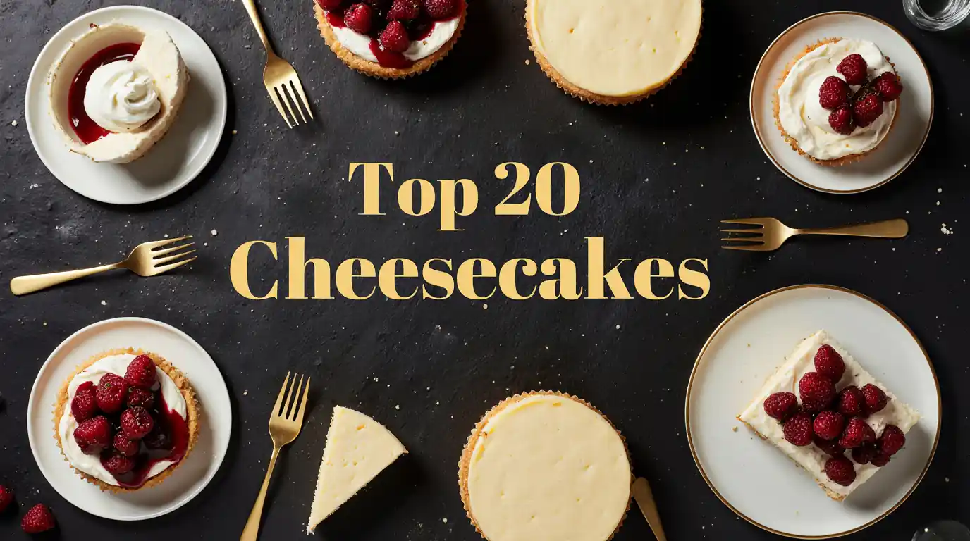 Flat lay of various cheesecakes on dark background with golden forks and the text “Top 20 Cheesecakes”, elegant food photography.