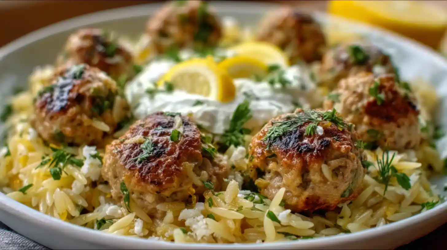 Assiette d’orzo citronné garnie de boulettes grecques dorées et crème de feta onctueuse.