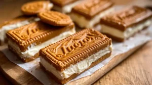 Barres glacées au spéculoos alignées sur une planche, texture fondante et biscuits croustillants sur le dessus.
