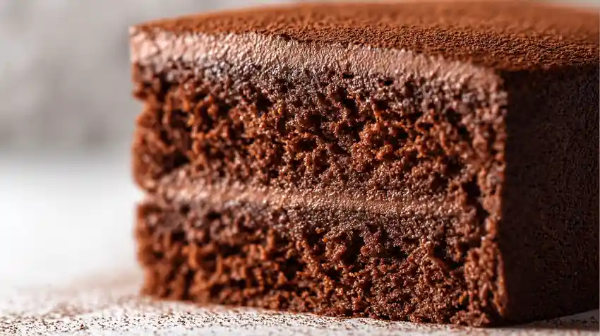 Tranches de gâteau au chocolat moelleux parfaites pour layer cake, texture uniforme et fondante.