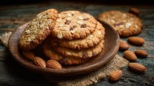 Biscuits à l’avoine et aux amandes dorés et croustillants, empilés dans une assiette en bois rustique.