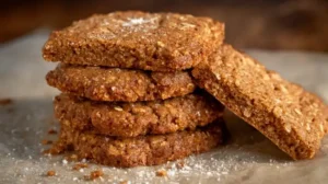 Biscuits dorés aux flocons d’avoine et à la cannelle empilés sur une surface claire, texture croquante.