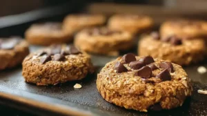 Biscuits sains aux flocons d’avoine et chocolat noir, sans sucre ni farine, sur plaque de cuisson.