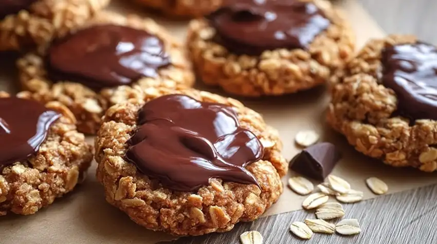 Biscuits sans cuisson aux flocons d’avoine et chocolat noir fondant, sur fond clair, texture moelleuse.