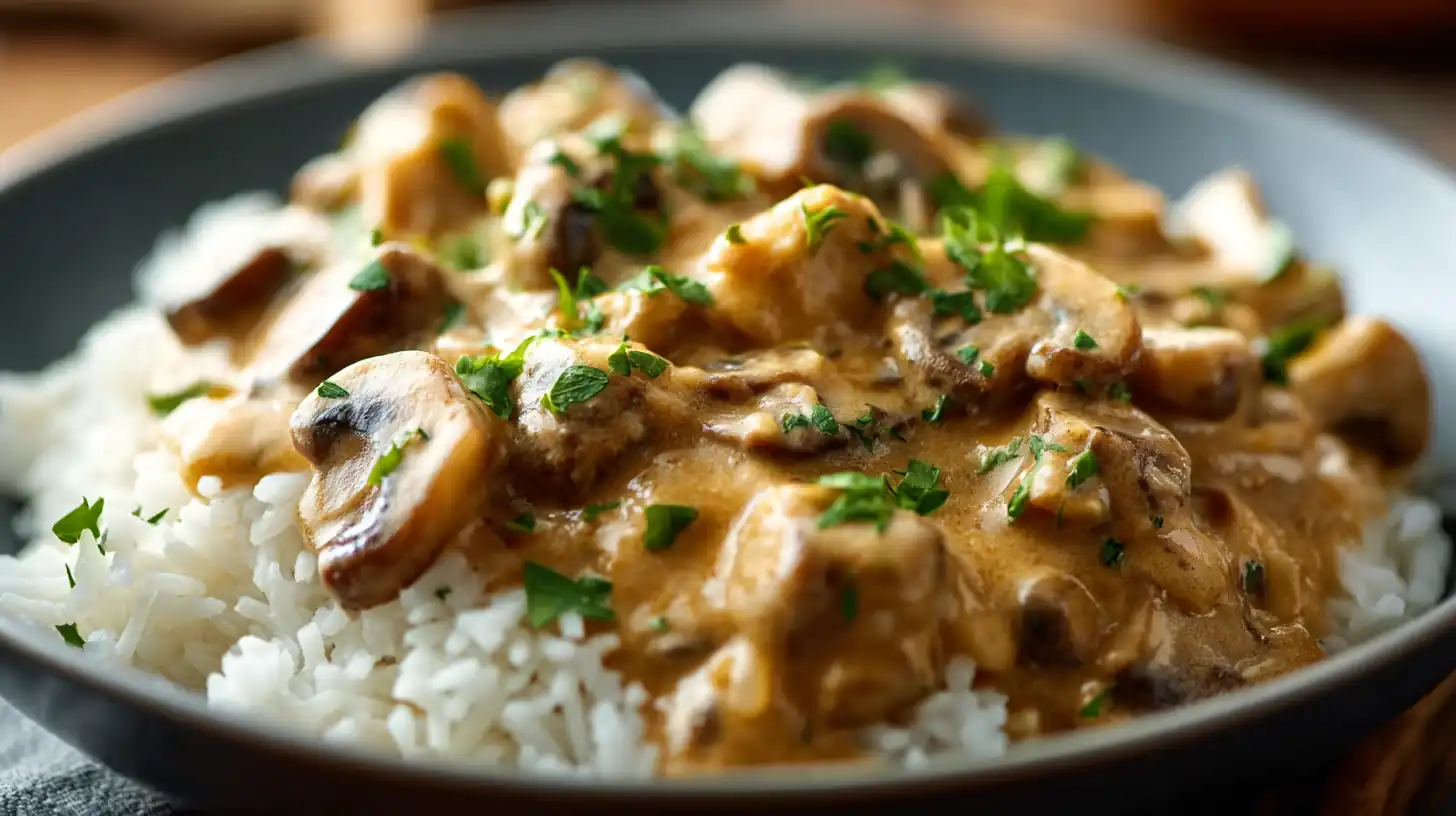 Bol de stroganoff de champignons crémeux servi sur riz complet avec persil frais.