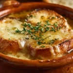 Bol rustique de soupe à l’oignon gratinée avec pain doré et fromage fondant.