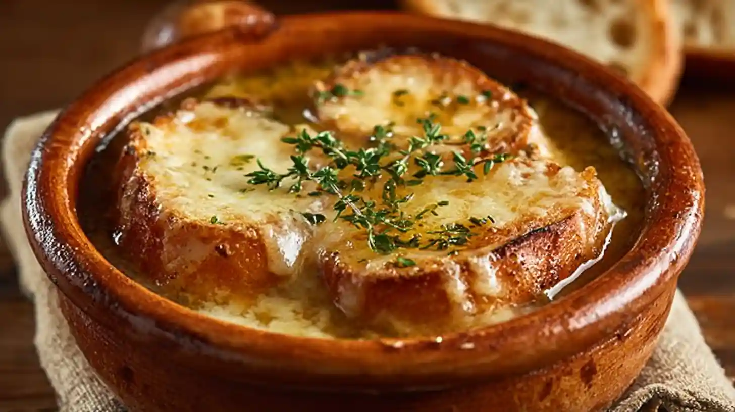 Bol rustique de soupe à l’oignon gratinée avec pain doré et fromage fondant.