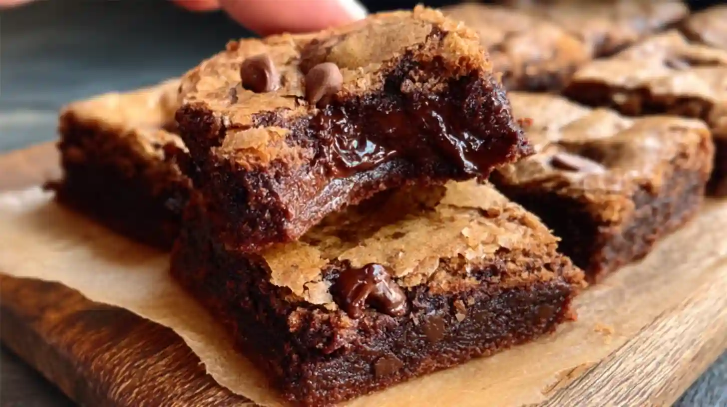 Carrés de brookies moelleux au chocolat, à la texture fondante et au dessus doré et croustillant.
