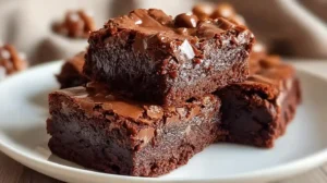 Carrés de brownie fondants et brillants au chocolat noir, empilés sur une assiette blanche.