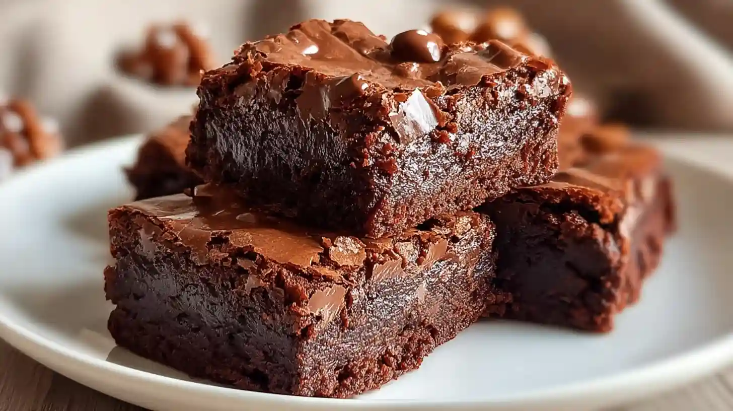 Carrés de brownie fondants et brillants au chocolat noir, empilés sur une assiette blanche.