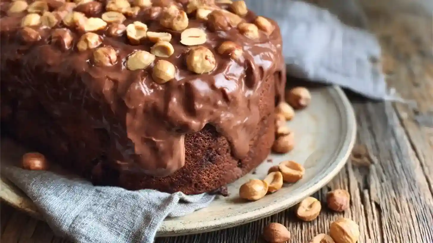 Cake au chocolat nappé de ganache brillante et garni de cacahuètes entières croquantes.