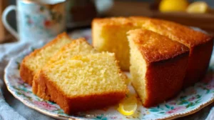 Tranches de cake au citron doré et moelleux, posées sur un plat fleuri, prêtes à être dégustées.