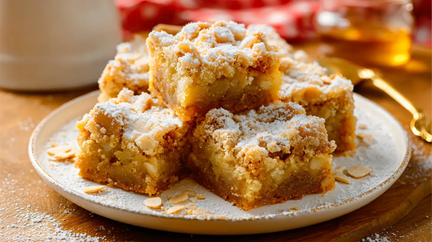 Carrés crumble aux amandes, dorés et saupoudrés de sucre glace, servis sur une assiette blanche.