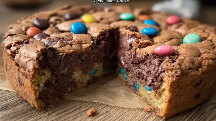 Part de cookie cake fondant au chocolat avec bonbons colorés sur le dessus, texture moelleuse et dorée.