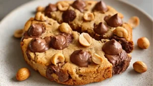 Gros plan sur un cookie géant à la cacahuète et au chocolat, garni de praliné et de cacahuètes croquantes.