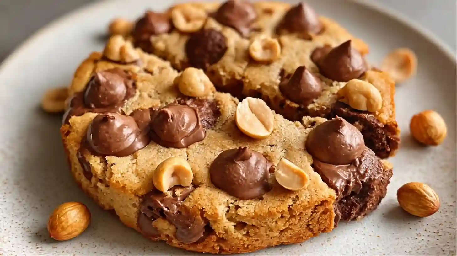 Gros plan sur un cookie géant à la cacahuète et au chocolat, garni de praliné et de cacahuètes croquantes.