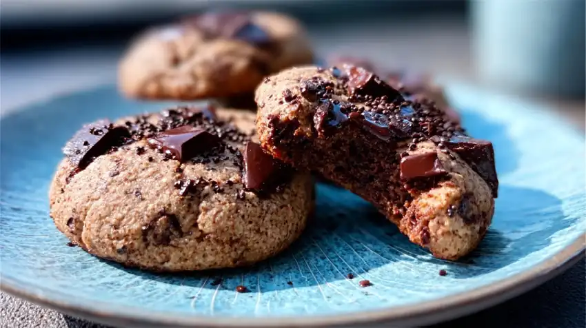Cookies IG bas dorés et fondants avec éclats de chocolat noir sur fond clair, texture moelleuse.