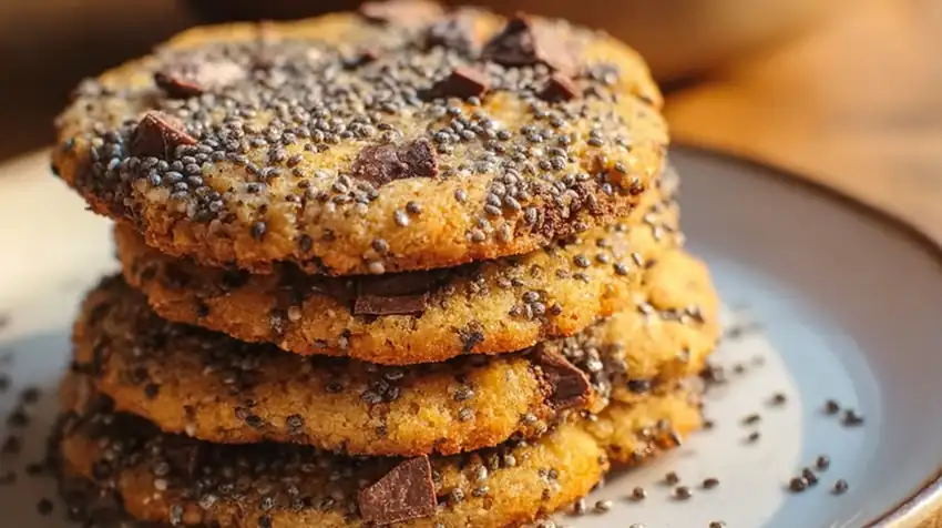 Cookies sans sucre dorés et croustillants, avec graines de chia et pépites de chocolat noir.