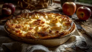 Croustade aux pommes dorée et croustillante, servie tiède avec une boule de glace vanille.