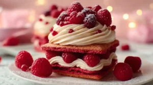 Cupcakes Red Velvet rouges avec glaçage blanc et fruits rouges, dessert de Saint-Valentin.