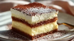 Part de gâteau vanille crémeux à étages, saupoudré de cacao et de sucre glace.