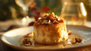 Fondant aux pommes et mascarpone, surmonté de noix de pécan caramélisées et nappé de caramel doré.