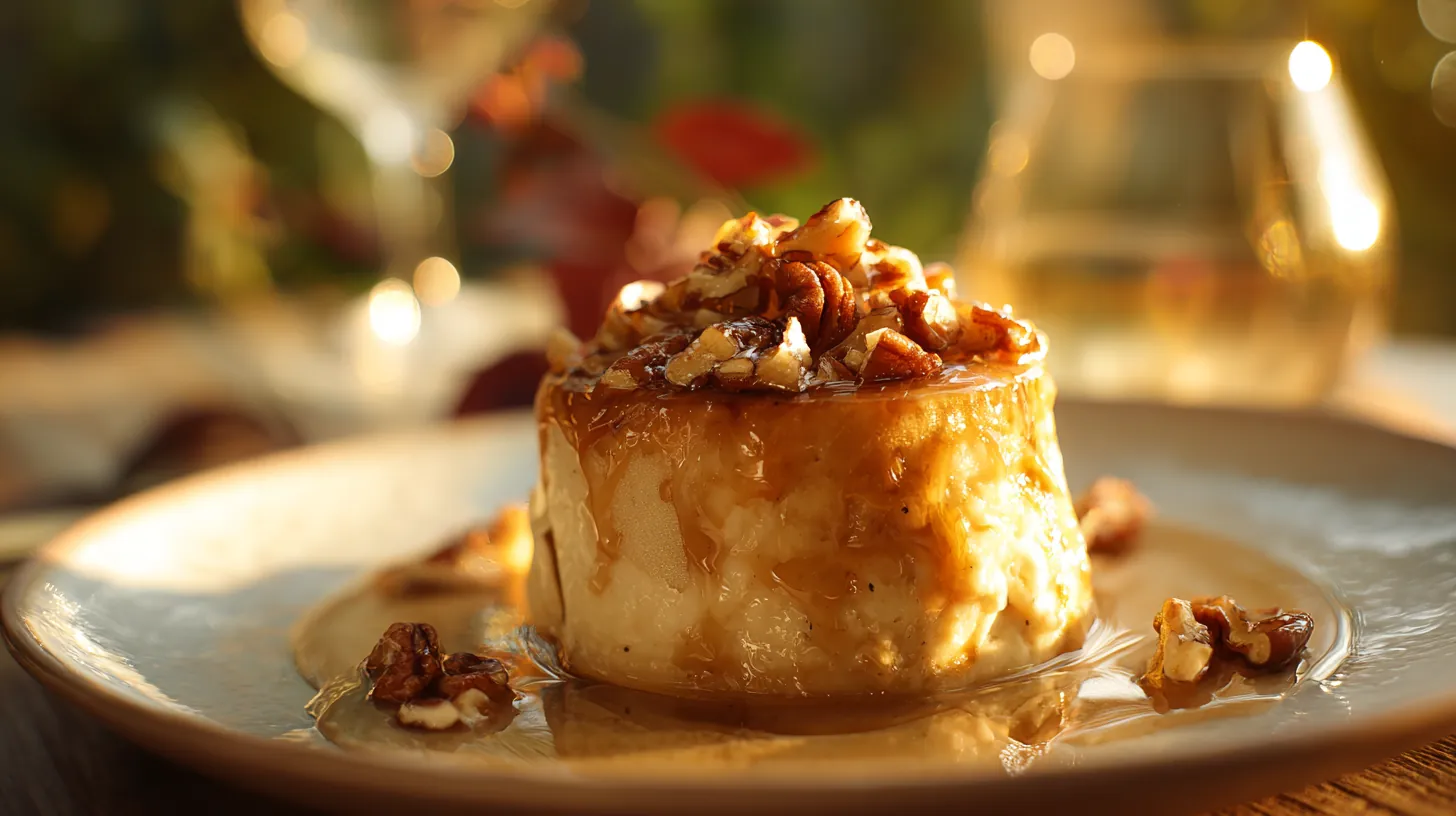 Fondant aux pommes et mascarpone, surmonté de noix de pécan caramélisées et nappé de caramel doré.