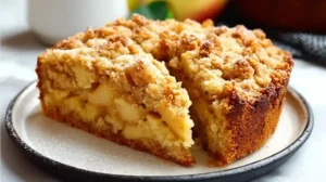 Gâteau crumble doré aux pommes, moelleux et croustillant à la fois, servi sur une assiette blanche.