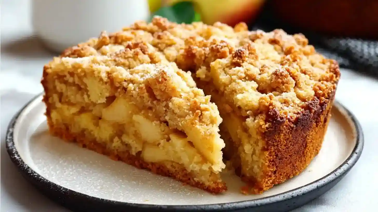 Gâteau crumble doré aux pommes, moelleux et croustillant à la fois, servi sur une assiette blanche.