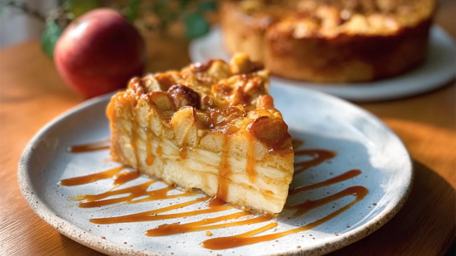 Gâteau invisible aux pommes, tranches fines et fondantes, nappé de caramel sur une assiette blanche.