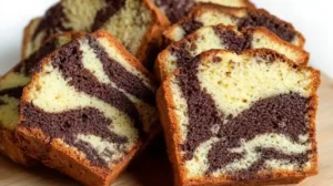 Tranches de gâteau marbré vanille-chocolat moelleuses et dorées, superposées sur fond blanc.