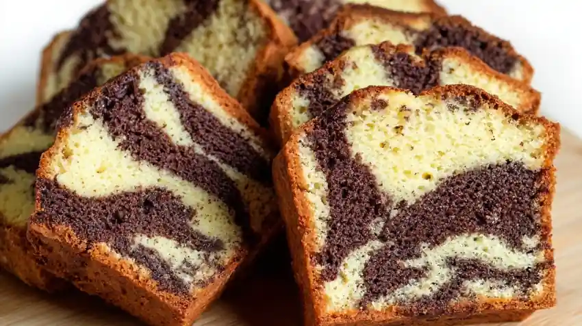 Tranches de gâteau marbré vanille-chocolat moelleuses et dorées, superposées sur fond blanc.